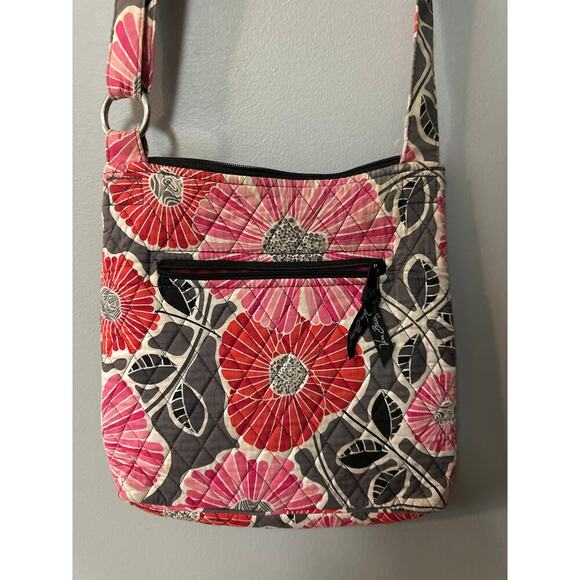 Vera Bradley Quilted Floral Crossbody / Messenger Bag • Gray, Pink & Coral - Picture 4 of 7